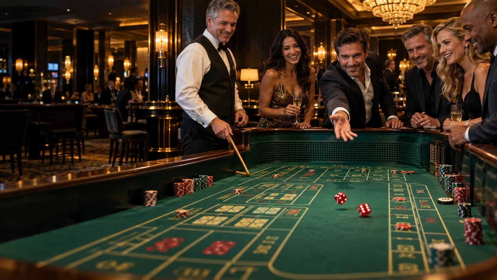 Adult players and a dealer gathered around a green craps table as a player releases red dice.